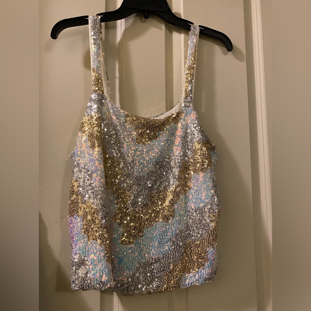 NWOT Anthropologie Sequin Tank Top in Gold and Silver size L